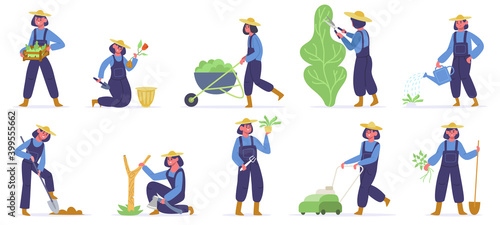 Garden worker. Female gardener planting, watering and growing sprouts, garden job with farming tools. Agriculture gardener vector illustrations. Gardener farm worker, farmer agriculture
