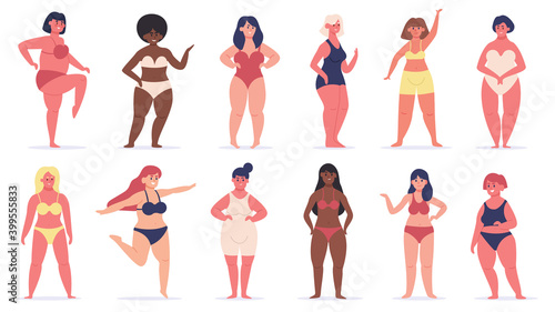 Plus size women. Multiracial curvy girls, cute overweight women in underwear, plump female characters. Body positive vector illustration set. Women multiracial underwear plump, oversize obesity