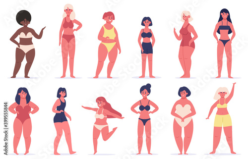 Body positive girls. Multiracial women group of different figure type, size and height. Beauty diversity vector illustration set. Beauty and huge woman, overweight obese