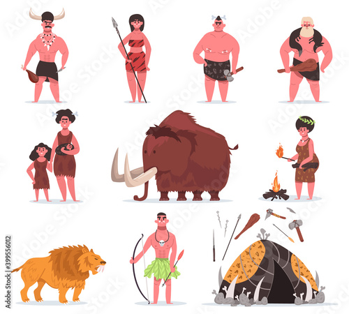 Stone age characters. Caveman, primitive characters, ancient animals and weapons tool. Primitive prehistoric period vector illustration set. Evolution neanderthal, prehistoric primitive people