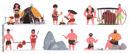 Prehistoric characters. Caveman life, stone age cave and hut. Hunting, cooking and collecting primitive people vector illustrations. Life scene, prehistoric primitive, cave neanderthal family