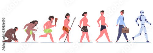 Human evolution. Male character development from monkey to caveman, businessman and AI cyborg. Anthropology evolution vector illustration. Development evolution, primitive prehistoric evolve