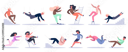 Falling people. Stumbling  slipping  falling down stairs  ladder and altitude characters. Bad luck people falling down vector illustration set. People slippery and unbalance  attention danger