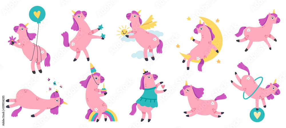 Cute unicorns. Funny hand drawn rainbow unicorns, magic fairytale unicorn mascots. Pink little baby unicorns vector illustrations. Sweet character pony, majestic animal drawing Cute unicorns. Funny hand drawn rainbow unicorns, magic fairytale unicorn mascots. Pink little baby unicorns vector illustrations. Sweet character pony, majestic animal drawing