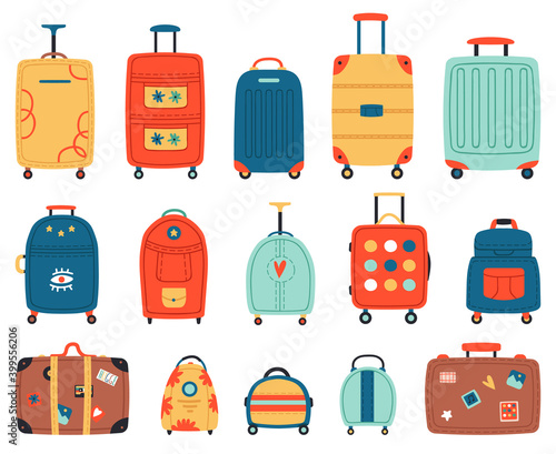 Luggage bags. Vacation baggage, plastic, metal or textile tourism suitcases with wheels. Travel baggage vector illustration set. Luggage and baggage, voyage travel bag, adventure briefcase
