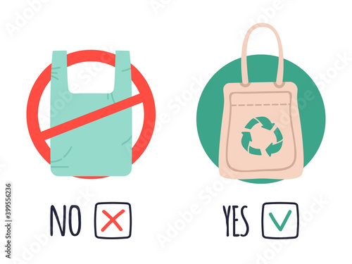 Plastic and eco bags. Pollution polythene problem, say no to plastic bags, stop using cellophane bag. No plastic concept vector illustrations. Bag pollution, eco problem package, stop and forbidden