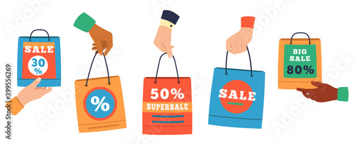 Sale shopping bags. Hands holding paper shoppers with discount percentage, purchase bags. Promote sales or gifts bags vector illustration set. Shopper pack bag for purchasing, package promotion