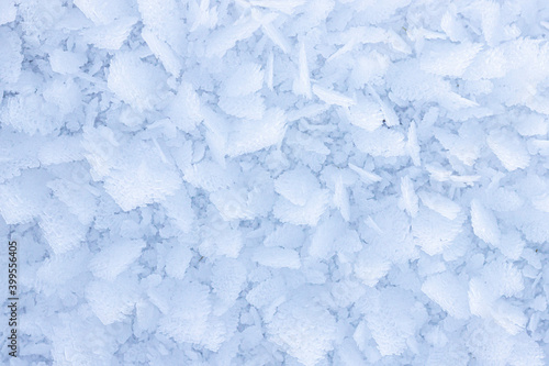 White blue snow ice crystals texture background close up selective focus