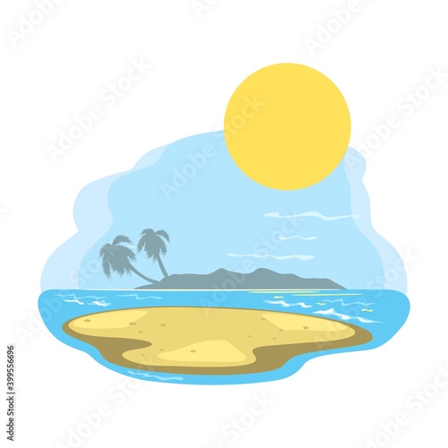 Peaceful and relaxing ocean view, sun over sea, yellow sand and oasis landscape. Vector summer vacation, hot climate, sunbathing on beach design isolated on white background