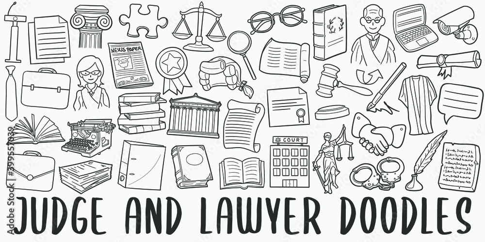 Judge and Lawyer, doodle icon set. Laws Style Vector illustration collection. Banner Hand drawn Line art style.