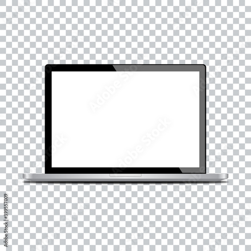Computer laptop mockup and transparent screen for easy place demo. Vector.