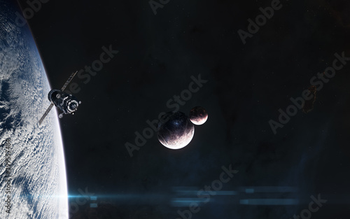 Planets in deep space. Orbiting space station. Science fiction. Elements of this image furnished by NASA