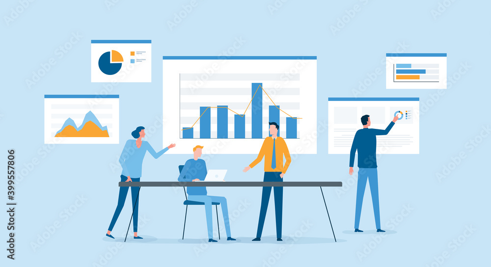 flat vector group business team meeting for planning business marketing concept and analytics financial graph report concept flat vector group business team meeting for planning business marketing concept and analytics financial graph report concept