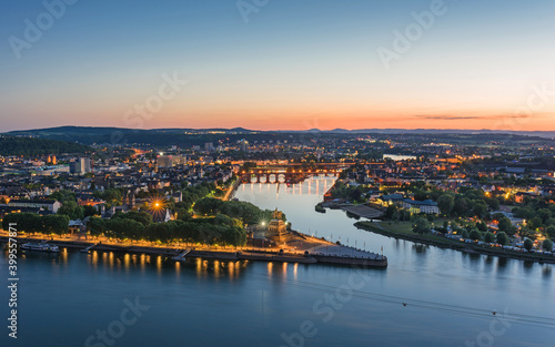 The German Corner (Deutsches Eck) in Koblenz at sunset, Germany