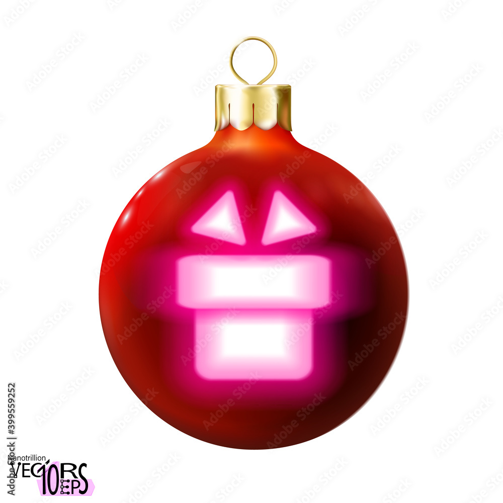 Obraz premium Red Christmas ball decorated gift, pink neon lamp, isolated on white. Holiday shape icon, glossy realistic bauble. Merry xmas, New year design decoration. 3d Modern fluorescent. Vector illustration