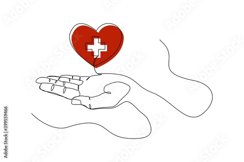 Continuous line drawing of palm hand holding medical cross and heart love. Vector illustration