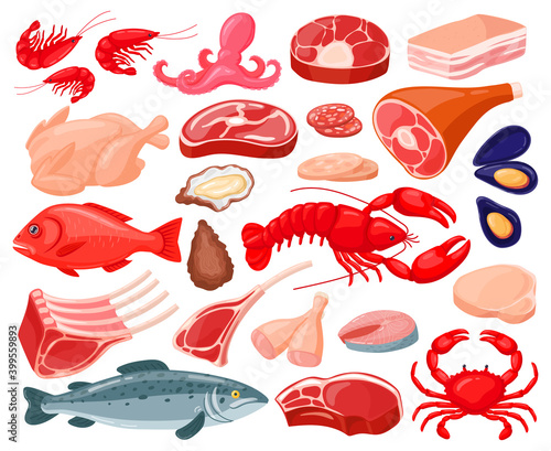 Meat food. Cartoon seafood and butcher shop food, shrimps, salmon, lobster, prime rib, bacon and beef steak. Protein food vector illustration set. Steak food, seafood and meat, prawn and beef