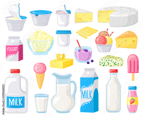 Dairy products. Cartoon milk, cheese, butter, sour cream, yogurt, cottage cheese and ice cream. Organic dairy food vector illustration set. Calcium ingredient, cheese and cream breakfast