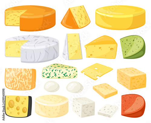 Cartoon cheese. Dairy products types, cheddar, parmesan, brie, camembert, mozzarella and maasdam slices. Fresh cheese vector illustration set. Cheese piece, slice cottage delicious snack