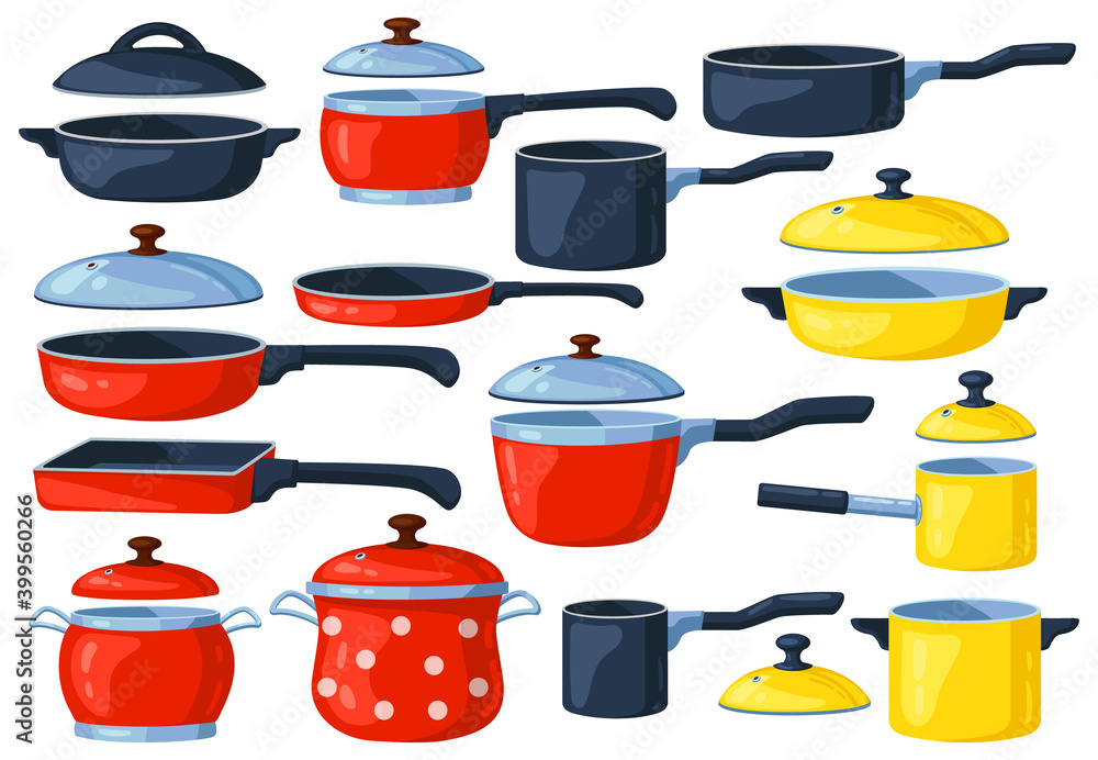 Cartoon frying pan. Cooking pots, metal saucepan and casserole, kitchen  cooking items. Kitchen utensils vector illustration set. Cooking pan, kitchenware  utensil equipment Stock Vector | Adobe Stock