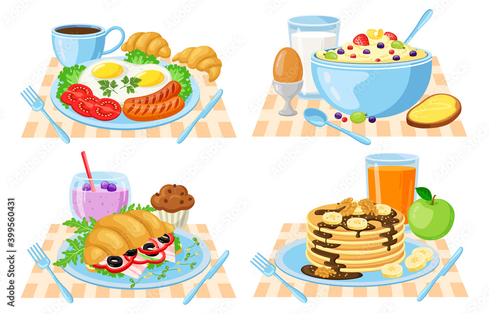 Cartoon breakfast. Healthy, delish breakfast menu, pancakes, croissant ...