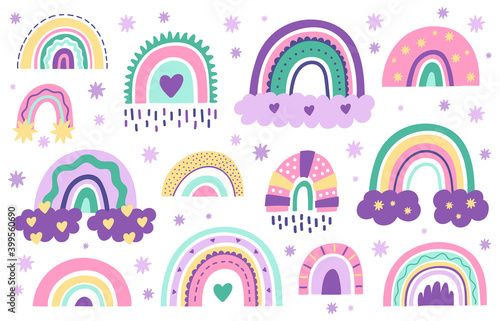 Doodle nursery rainbows. Hand drawn scandinavian style rainbow. Baby shower, childrens party cute pastel color rainbow vector symbols set. Arc weather drawing, childish rainbow collection illustration