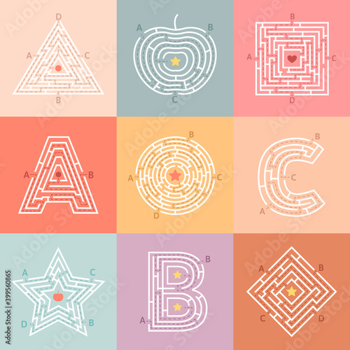 Maze way. Labyrinth conundrum for children, entry and exit quest, kids maze rebus. Abstract educational game vector illustration set. Children brainteaser, logic leisure puzzle
