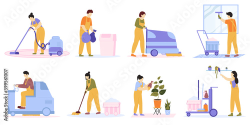 Cleaning service. Cleaning team vacuuming, washing floor and windows. Professional cleaners clean office and home vector illustration. Professional cleaner washing, domestic and office housekeeping