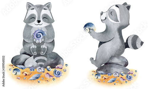 watercolor set of greeting cards raccoon and dolphin friendship