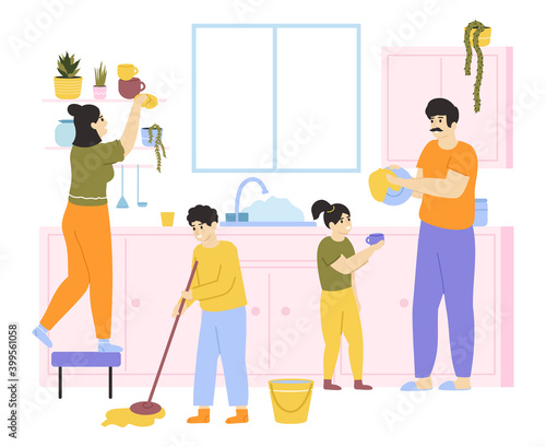 Family cleaning house. Family with kids do housework together, family washing and cleaning. Housekeeping domestic chores vector illustration. Housekeeping kitchen, family washing and do housework