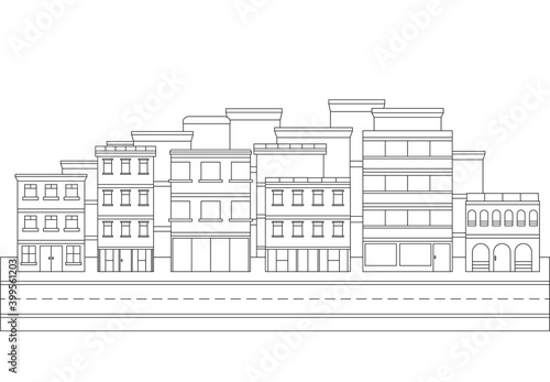 Monochrome horizontal urban landscape with town street or district. Editable stroke. Cityscape with living houses drawn with contour lines on white background. Vector illustration in lineart style.