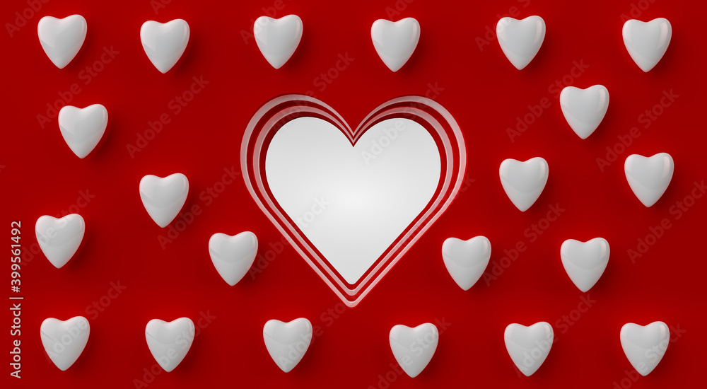 Red wall with cut out layers of heart and white hearts on it. 3d rendering. Day of Love