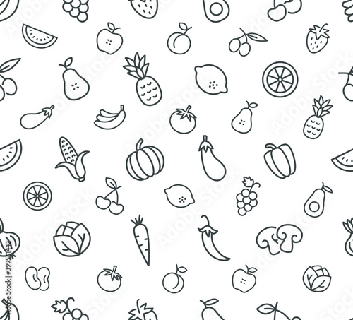 Vegetable and fruit seamless pattern - outline food background. Vector illustration.