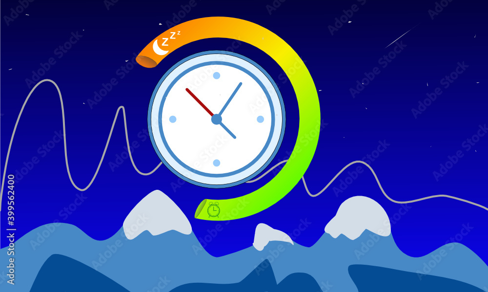 Schlafenszeit symbolisiert durch eine Berglandschaft bei Nacht und einer weißen Uhr, umgeben von einem bunten Halbkreis Schlafenszeit symbolisiert durch eine Berglandschaft bei Nacht und einer weißen Uhr, umgeben von einem bunten Halbkreis