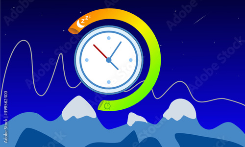 Schlafenszeit symbolisiert durch eine Berglandschaft bei Nacht und einer weißen Uhr, umgeben von einem bunten Halbkreis