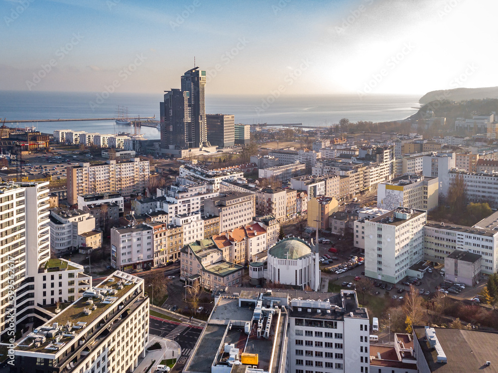 Obraz premium 14.12.2020 Gdynia, Poland Drone Aerial View Downtown edit now