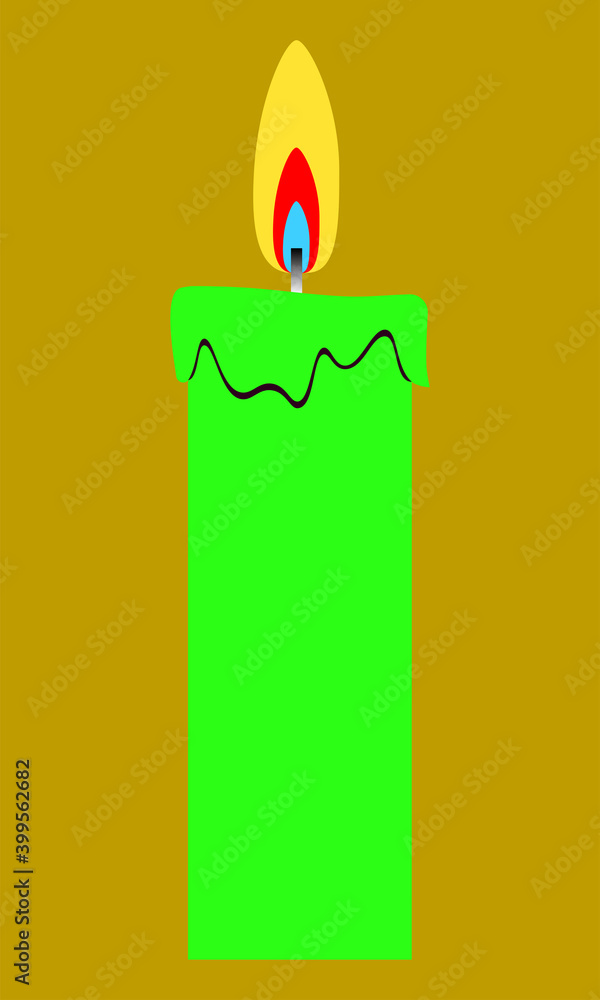 Vector image of a burning and glowing green paraffin candle on a golden background Vector image of a burning and glowing green paraffin candle on a golden background