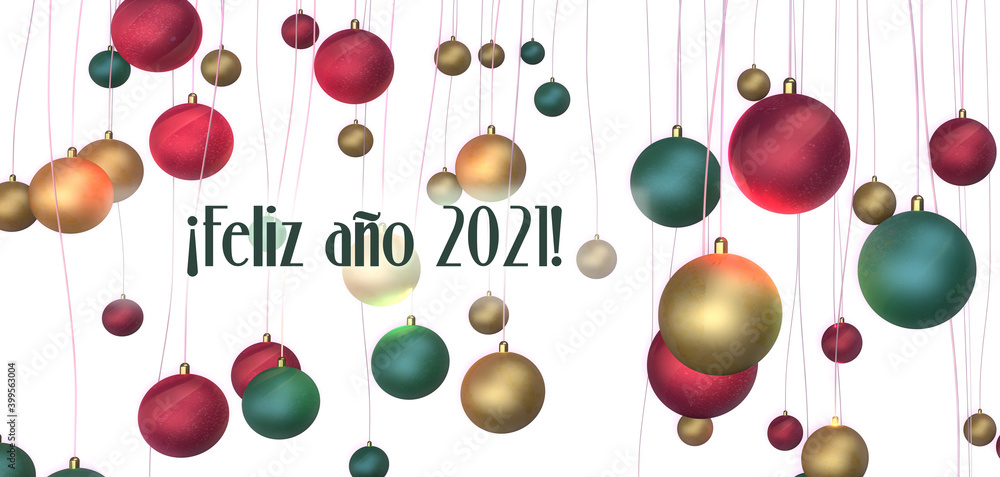 Fondo de bolas de navidad de colores y brillantes. Dorado, rojo y verde metalizados. Felicitación ¡Feliz Año 2021!
