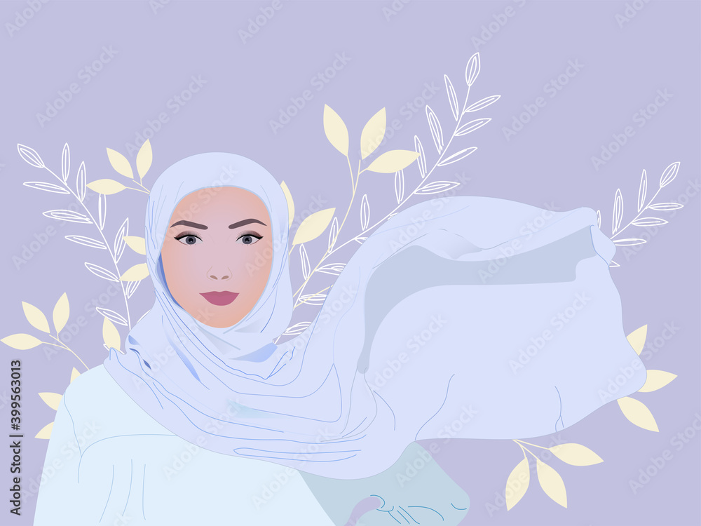 Portrait of young muslim woman wearing hijab head scarf. Closeup face of cheerful woman covered with headscarf smiling outdoor. Islamic girl on the flowers background. Portrait of young muslim woman wearing hijab head scarf. Closeup face of cheerful woman covered with headscarf smiling outdoor. Islamic girl on the flowers background.