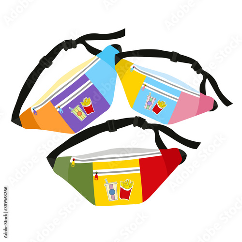 Multicolored waist bags with french fries and cocktail icons. Convenient belt bag. Small compact bags.