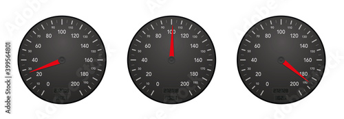 Speedometers showing slow, moderate and fast velocity. Three displays with different tempos - driving slowly, with normal pace and crazy fast speed. Isolated vector on white background.

