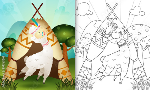 coloring book for kids with a cute tribal boho alpaca character illustration