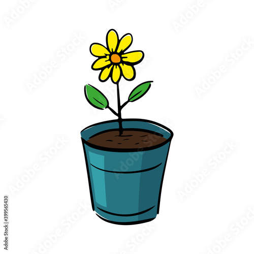 Beautiful yellow flower in a pot icon. Colored contour silhouette. Sketch drawing. Vector flat graphic hand drawn illustration. The isolated object on a white background. Isolate.