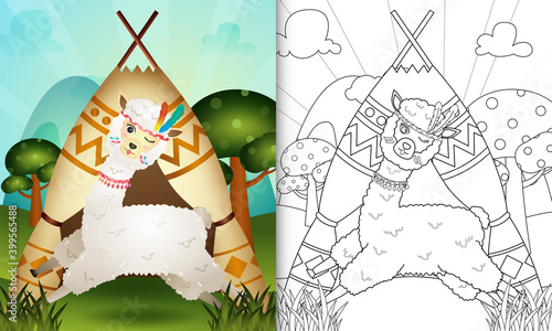 coloring book for kids with a cute tribal boho alpaca character illustration