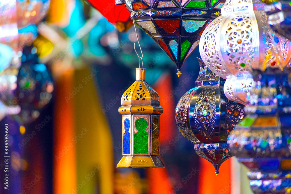 Traditional souvenir Moroccan lamps at the oriental market in Morocco