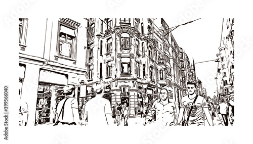 Building view with landmark of Istanbul is a major city in Turkey. Hand drawn sketch illustration in vector.