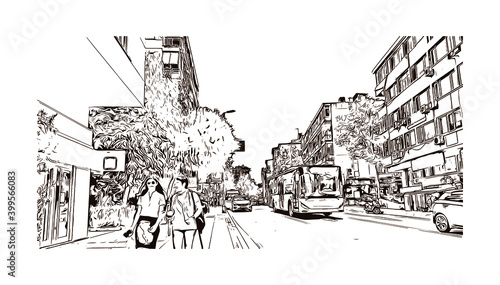 Building view with landmark of Istanbul is a major city in Turkey. Hand drawn sketch illustration in vector.