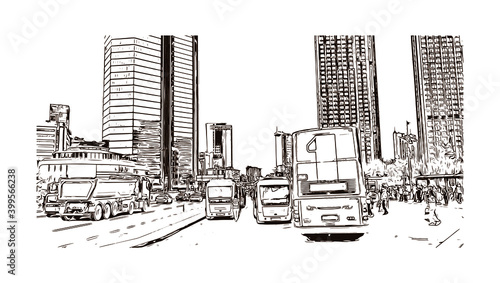 Building view with landmark of Istanbul is a major city in Turkey. Hand drawn sketch illustration in vector.
