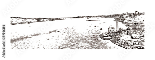Building view with landmark of Istanbul is a major city in Turkey. Hand drawn sketch illustration in vector.
