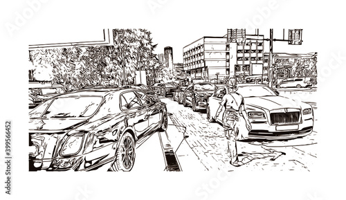 Building view with landmark of Istanbul is a major city in Turkey. Hand drawn sketch illustration in vector.